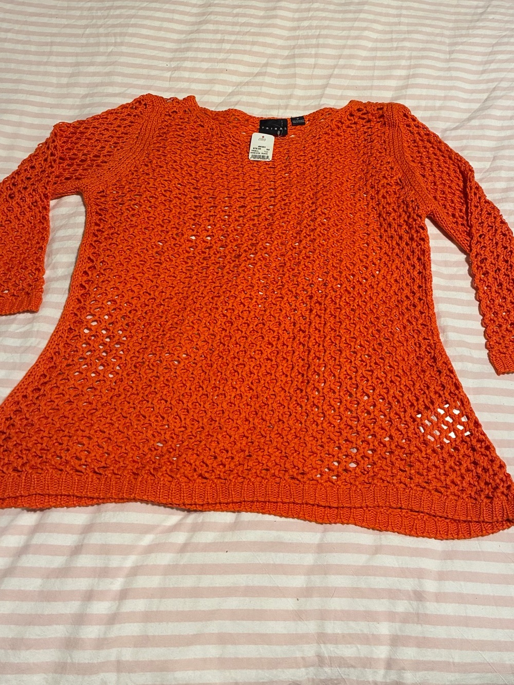 Tribal Open-Knit Scoop Neck Sweater in Bright Orange